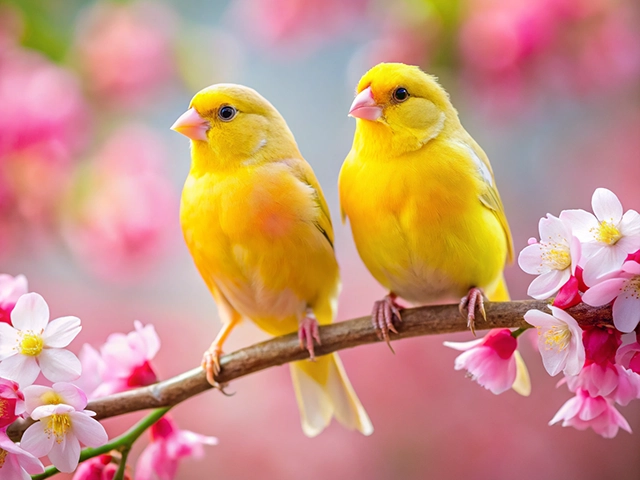 Two vibrant yellow canaries perched on a branch adorned with delicate pink and white flowers, creating a picturesque spring scene.