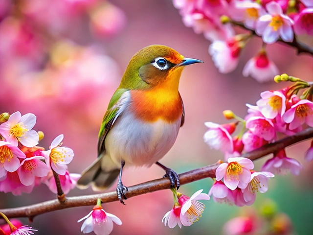 A vibrant bird with a green head and orange chest perched on a branch adorned with pink cherry blossoms.