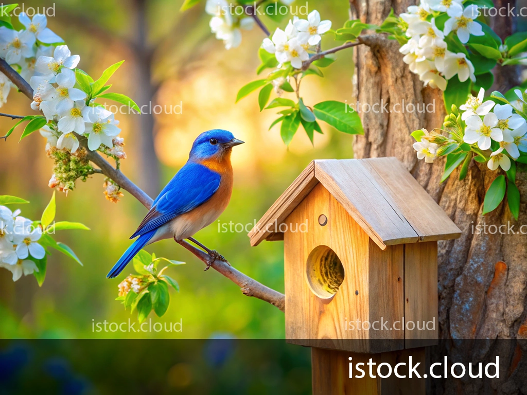 A bluebird perched on a branch adorned with white blossoms, next to a wooden birdhouse. The background features soft colors of spring.