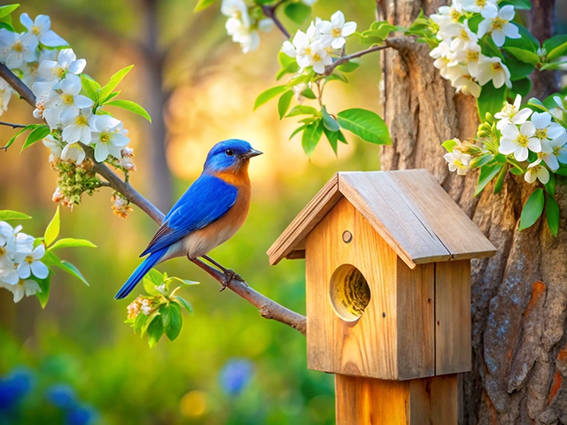 A bluebird perched on a branch adorned with white blossoms, next to a wooden birdhouse. The background features soft colors of spring.