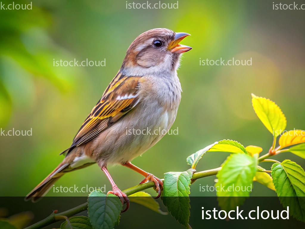 A close-up of a sparrow perched on a branch, singing joyfully. The bird has a brown and gray plumage with black streaks, surrounded by vibrant green leaves in a soft, blurred background.