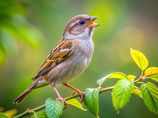 A close-up of a sparrow perched on a branch, singing joyfully. The bird has a brown and gray plumage with black streaks, surrounded by vibrant green leaves in a soft, blurred background.