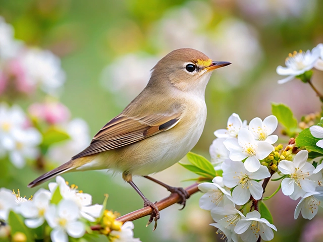 A small warbler bird, perched gracefully on a branch adorned with delicate white flowers, set against a soft green and pink background.