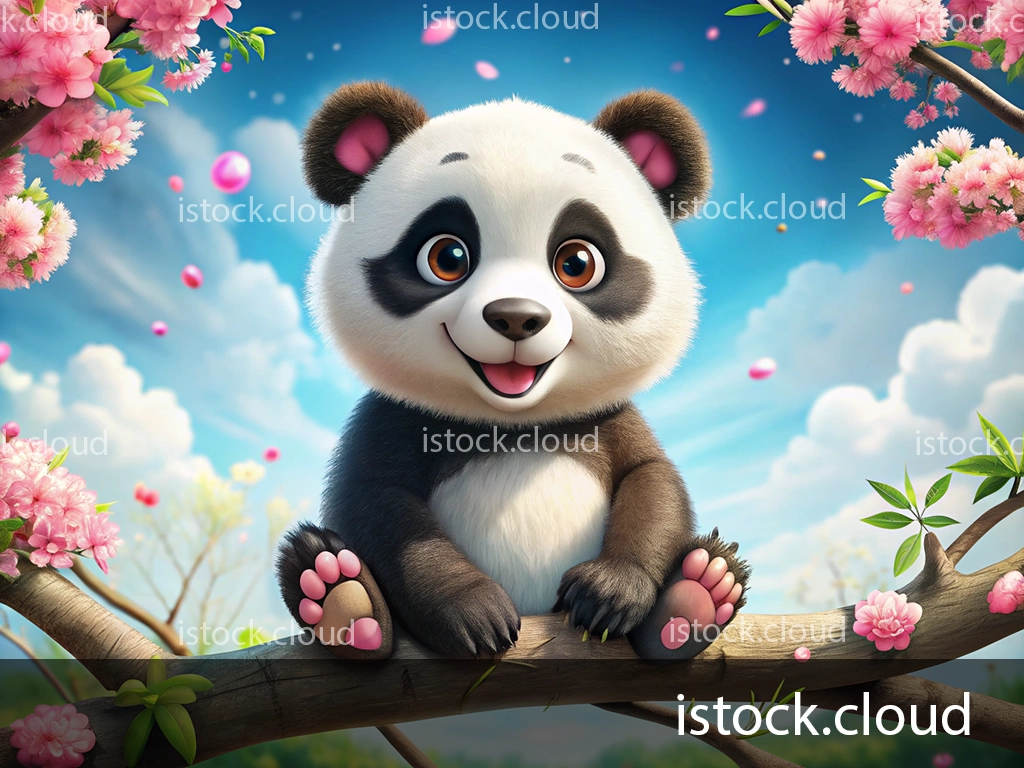 A cute cartoon panda sitting on a branch surrounded by pink cherry blossoms under a bright blue sky with fluffy clouds.