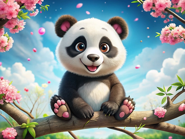 A cute cartoon panda sitting on a branch surrounded by pink cherry blossoms under a bright blue sky with fluffy clouds.