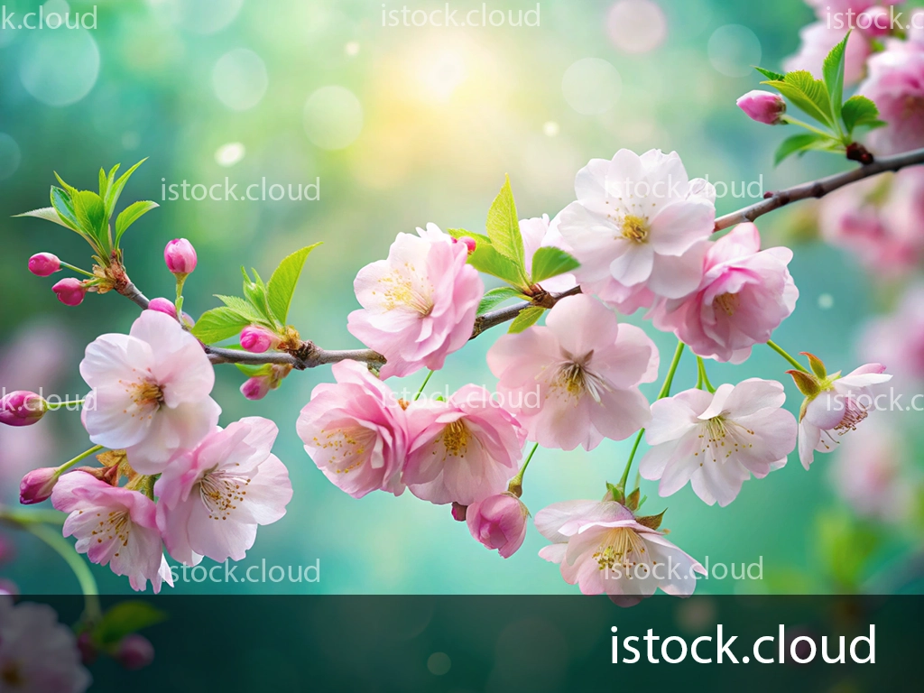 A branch adorned with delicate pink cherry blossoms and budding flowers against a softly blurred green and blue background, illuminated by gentle sunlight.