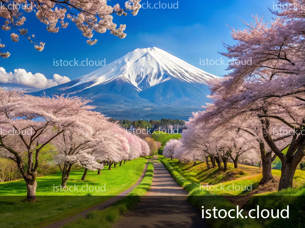 A picturesque pathway lined with blooming cherry blossom trees leading towards Mount Fuji under a clear blue sky.