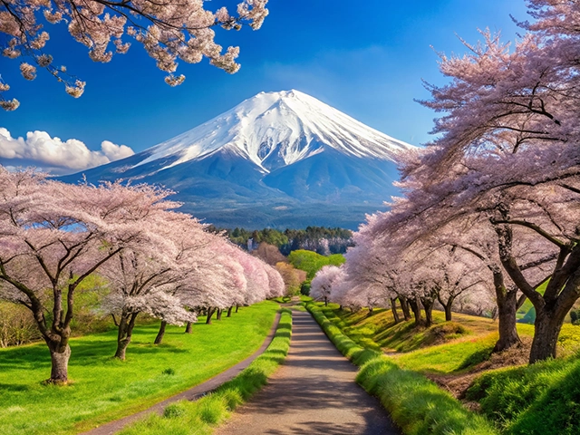 A picturesque pathway lined with blooming cherry blossom trees leading towards Mount Fuji under a clear blue sky.