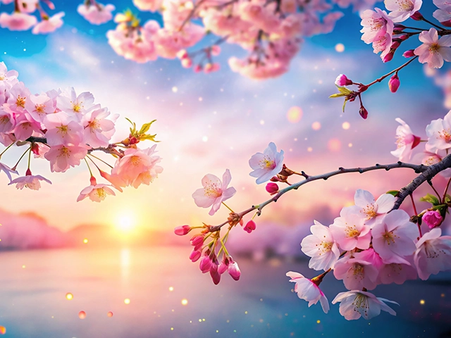 A picturesque scene featuring cherry blossoms in full bloom along branches, framed against a serene landscape with a vibrant sunrise reflected on calm waters.
