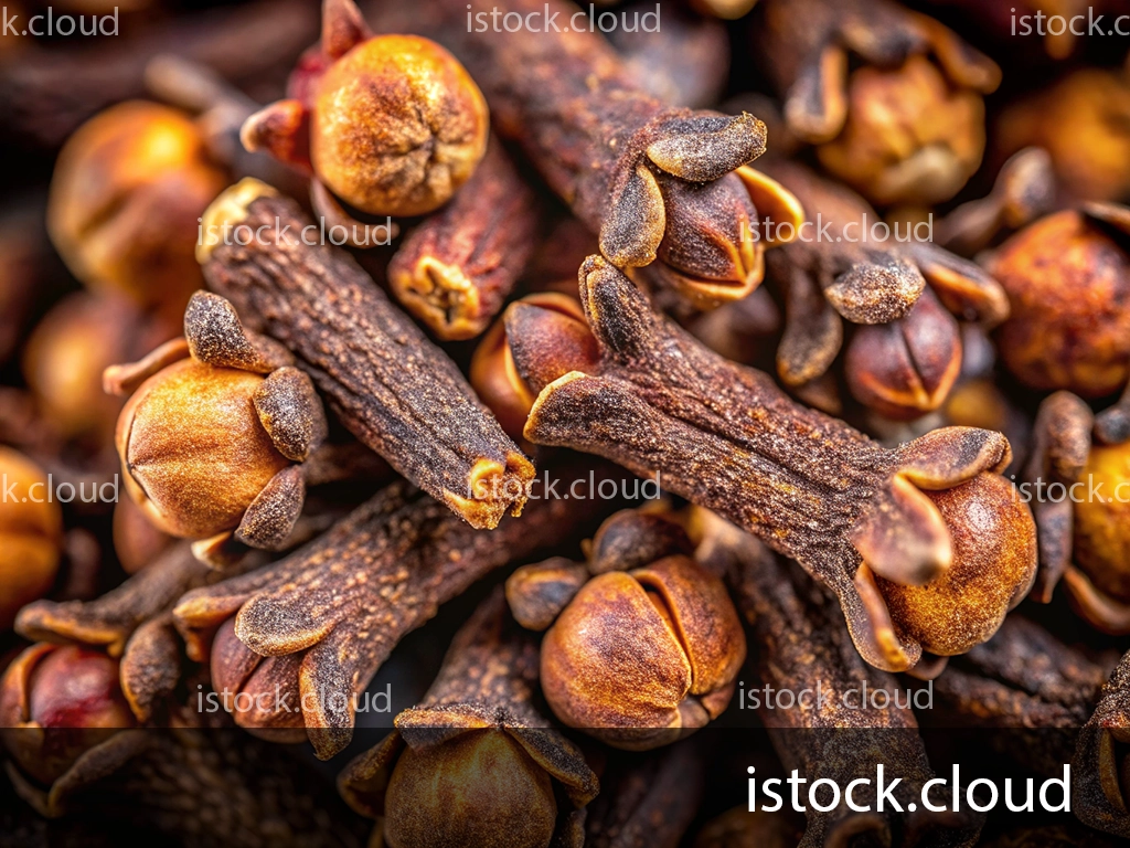 A detailed macro shot of whole cloves, showcasing their brown, woody stems and bulbous flower buds.