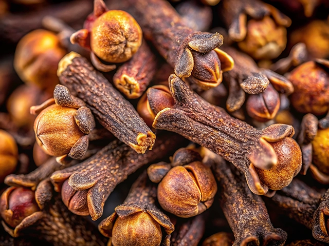 A detailed macro shot of whole cloves, showcasing their brown, woody stems and bulbous flower buds.