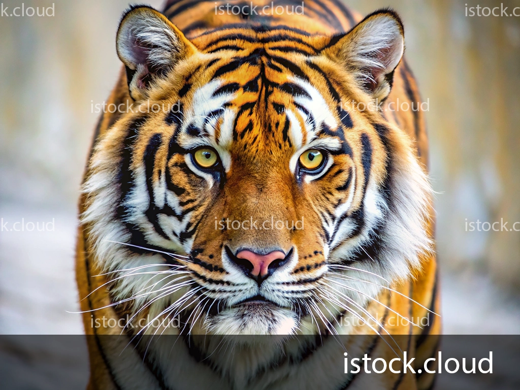 A striking close-up image of a Bengal tiger, showcasing its intense yellow eyes, vibrant orange fur with black stripes, and detailed facial features.