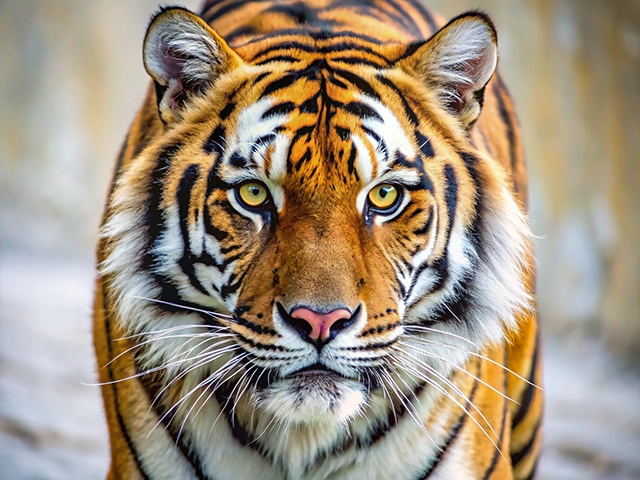 A striking close-up image of a Bengal tiger, showcasing its intense yellow eyes, vibrant orange fur with black stripes, and detailed facial features.