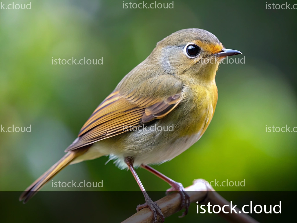 A close-up image of a small colorful bird perched on a branch, featuring soft feathers in shades of brown and yellow against a blurred green background.