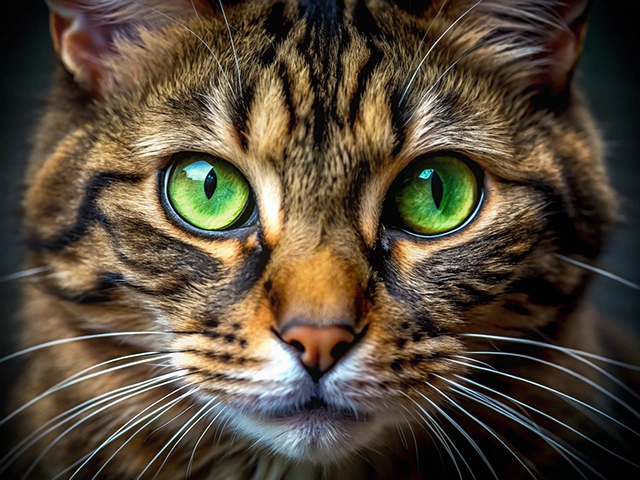 Close-up portrait of a tabby cat with striking green eyes and detailed fur patterns.