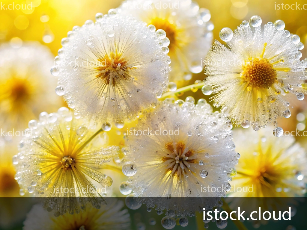 Close-up of white and yellow flowers adorned with glistening water droplets, set against a soft, blurred golden-yellow background.