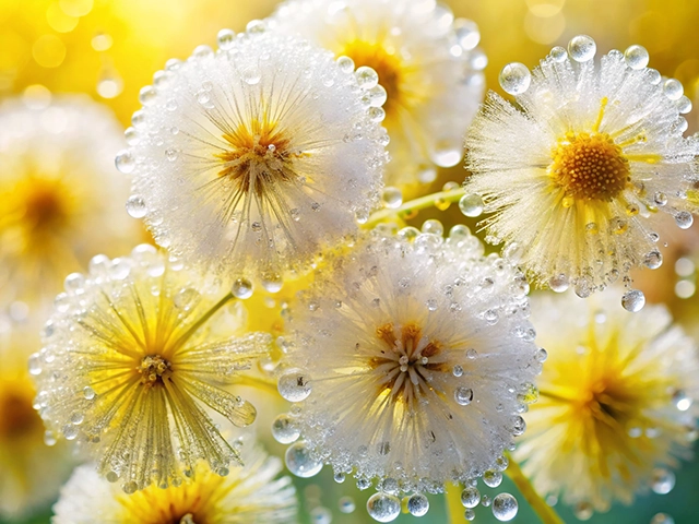 Close-up of white and yellow flowers adorned with glistening water droplets, set against a soft, blurred golden-yellow background.