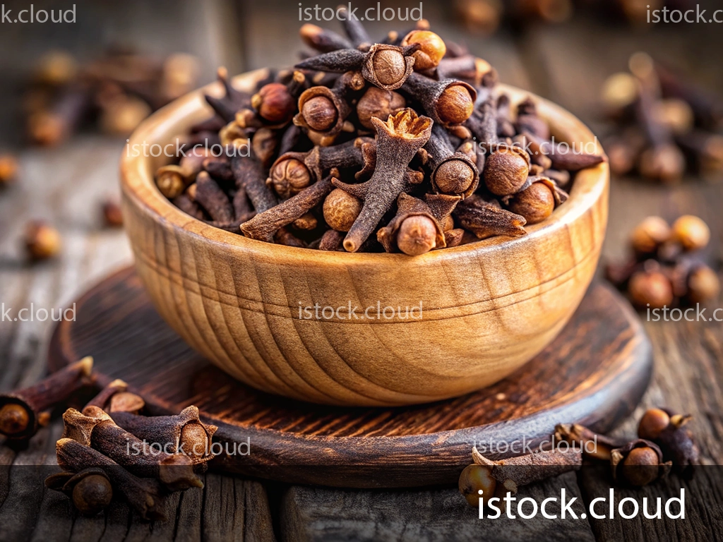 A rustic wooden bowl filled with an abundance of dried cloves, set on a wooden surface, with a few cloves scattered around.