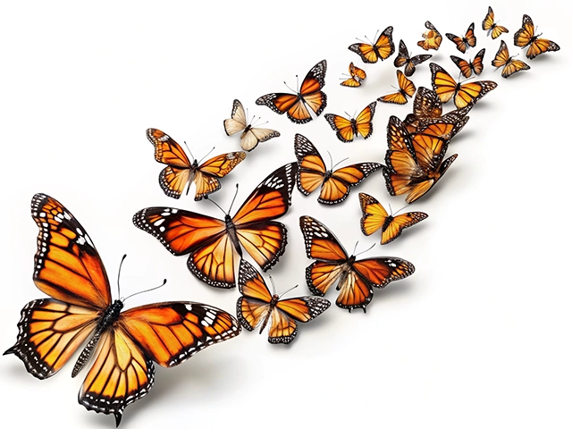 A collection of vibrant monarch butterflies in various sizes and orientations, elegantly arranged against a white background, creating a sense of movement and lightness.