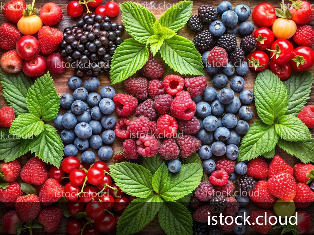 A vibrant assortment of fresh berries and leafy mint, featuring red raspberries, blueberries, blackberries, strawberries, and cherries arranged on a rustic wooden surface. The colorful fruits are complemented by lush green mint leaves scattered throughout the arrangement.