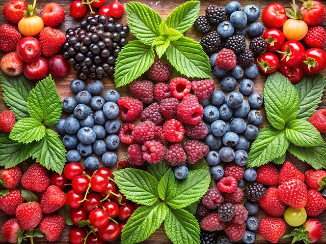 A vibrant assortment of fresh berries and leafy mint, featuring red raspberries, blueberries, blackberries, strawberries, and cherries arranged on a rustic wooden surface. The colorful fruits are complemented by lush green mint leaves scattered throughout the arrangement.