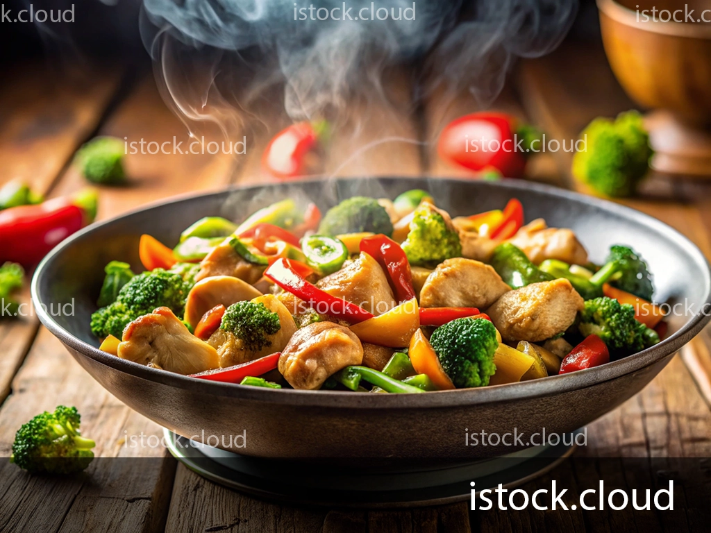 A steaming bowl of chicken stir-fry featuring vibrant bell peppers, broccoli, and green beans, set against a rustic wooden table.