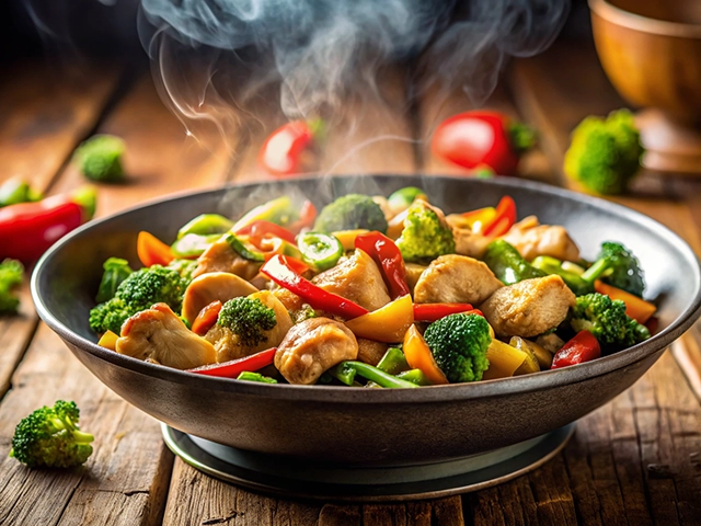 A steaming bowl of chicken stir-fry featuring vibrant bell peppers, broccoli, and green beans, set against a rustic wooden table.