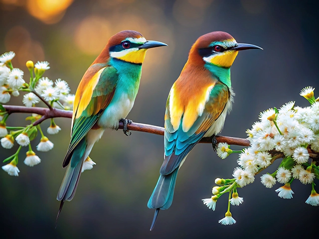 Two vibrant European Bee-eater birds with green, blue, and orange plumage sitting on a branch adorned with white flowers.