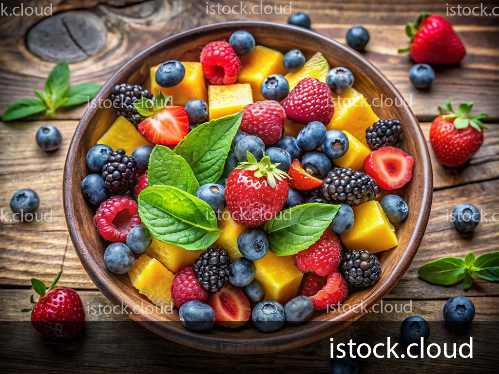 A vibrant bowl of mixed fruits including strawberries, blueberries, blackberries, raspberries, and diced mango, garnished with fresh mint leaves, resting on a rustic wooden table.
