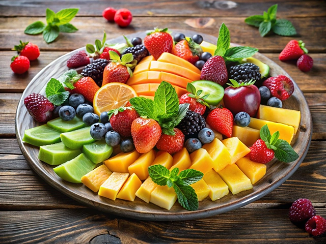 A beautifully arranged platter of fresh fruits, including strawberries, blueberries, blackberries, raspberries, mangoes, honeydew, and a slice of orange, garnished with fresh mint leaves.