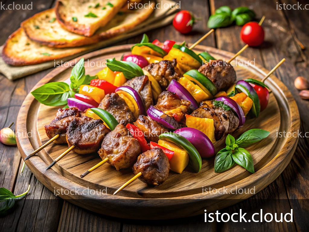 A wooden platter filled with skewers of grilled meat and colorful vegetables, including bell peppers, onions, and cherry tomatoes, garnished with fresh basil leaves, accompanied by sliced flatbreads.