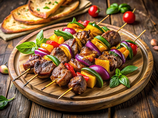 A wooden platter filled with skewers of grilled meat and colorful vegetables, including bell peppers, onions, and cherry tomatoes, garnished with fresh basil leaves, accompanied by sliced flatbreads.