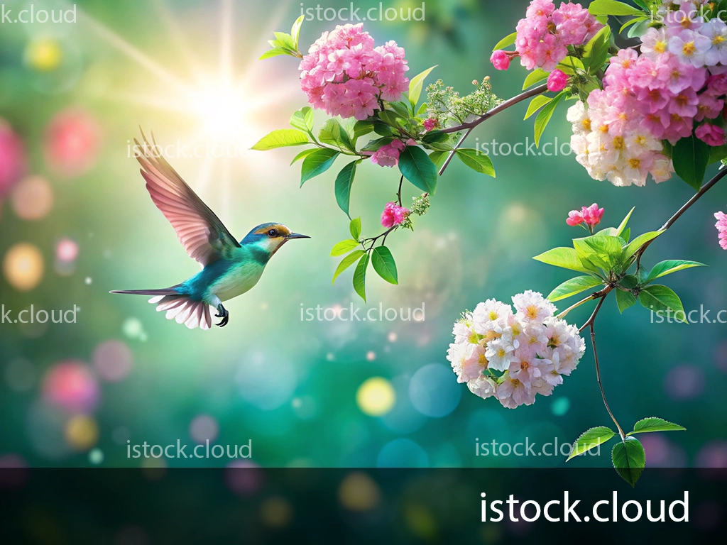 A vibrant hummingbird with turquoise and yellow feathers is captured in mid-flight near clusters of pink and white flowers against a soft, blurred background of green hues and shimmering light.
