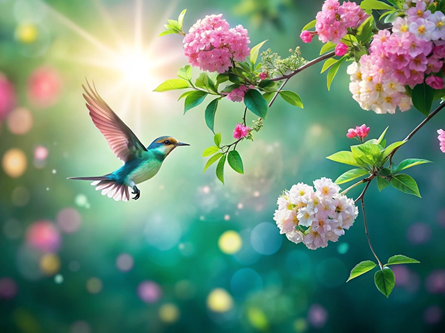 A vibrant hummingbird with turquoise and yellow feathers is captured in mid-flight near clusters of pink and white flowers against a soft, blurred background of green hues and shimmering light.