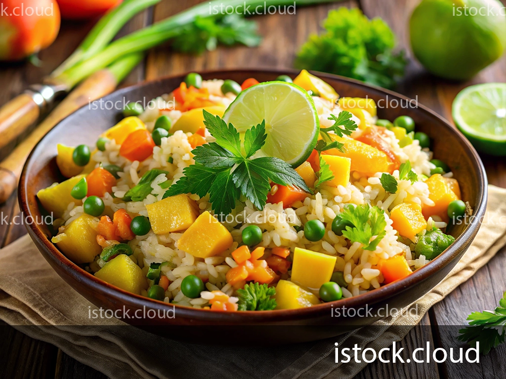 A delicious bowl of colorful vegetable rice featuring peas, diced carrots, and mango chunks, garnished with fresh herbs and a lime wedge, surrounded by green vegetables on a wooden table.