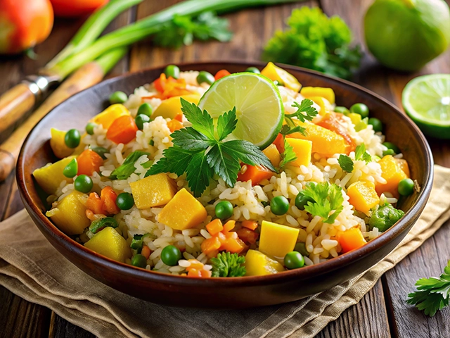 A delicious bowl of colorful vegetable rice featuring peas, diced carrots, and mango chunks, garnished with fresh herbs and a lime wedge, surrounded by green vegetables on a wooden table.