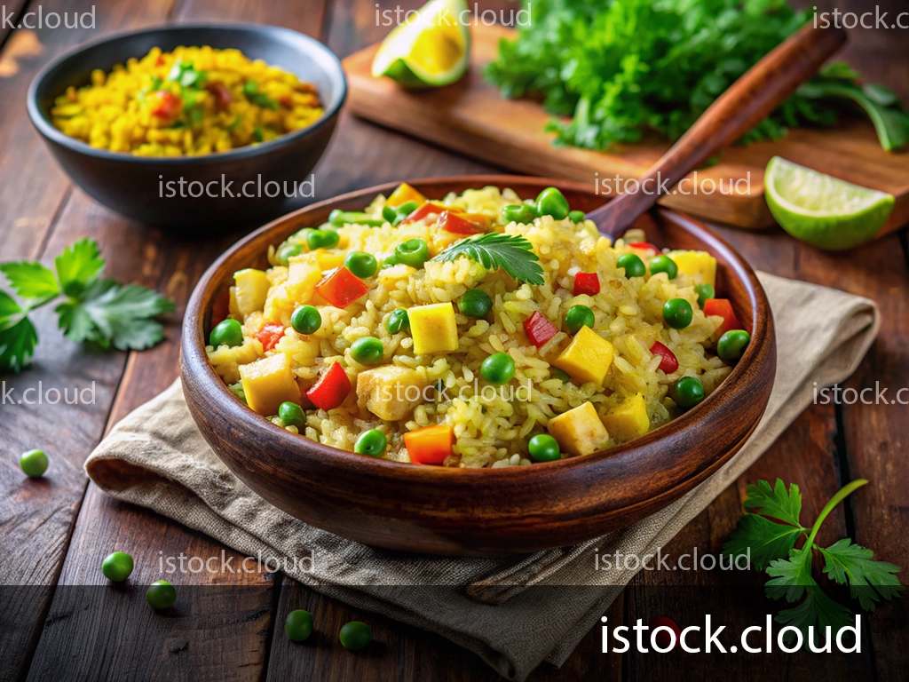  A wooden bowl filled with vibrant rice mixed with green peas, bell peppers, and cubes of yellow squash, garnished with a sprig of cilantro. A secondary bowl of yellow rice is in the background, and a lime wedge is on the side.