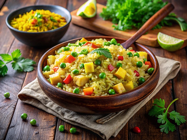  A wooden bowl filled with vibrant rice mixed with green peas, bell peppers, and cubes of yellow squash, garnished with a sprig of cilantro. A secondary bowl of yellow rice is in the background, and a lime wedge is on the side.