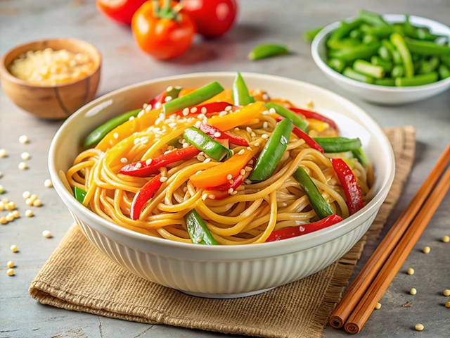 A bowl of stir-fried noodles topped with vibrant bell peppers and sesame seeds. The dish is surrounded by fresh tomatoes and sliced green peppers, with a wooden bowl of grated cheese in the background.