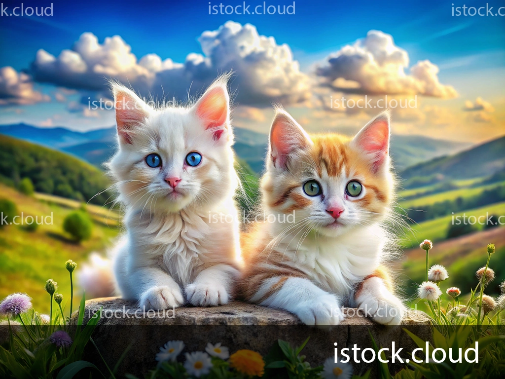 Two fluffy kittens are sitting on a rock surrounded by colorful wildflowers in a picturesque landscape. One kitten is white with striking blue eyes, while the other has orange and white fur with green eyes. In the background, rolling hills and a bright blue sky with fluffy clouds create a serene scene.