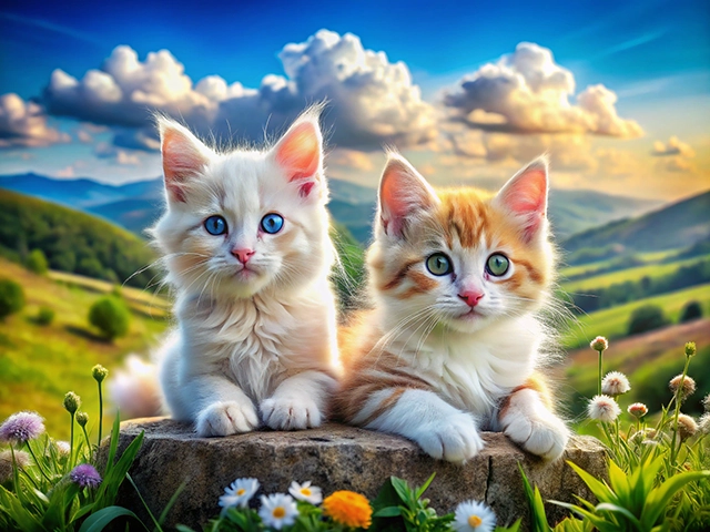 Two fluffy kittens are sitting on a rock surrounded by colorful wildflowers in a picturesque landscape. One kitten is white with striking blue eyes, while the other has orange and white fur with green eyes. In the background, rolling hills and a bright blue sky with fluffy clouds create a serene scene.