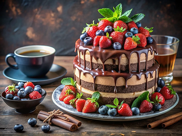 A beautifully layered chocolate cake topped with fresh strawberries and blueberries, drizzled with chocolate ganache. A cup of coffee and a small bowl of mixed berries are placed on the table, alongside cinnamon sticks.