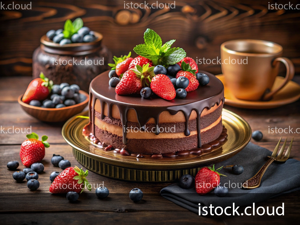 A beautifully decorated chocolate cake topped with strawberries and blueberries, surrounded by fresh fruits and a cup of coffee, set on a rustic wooden background.