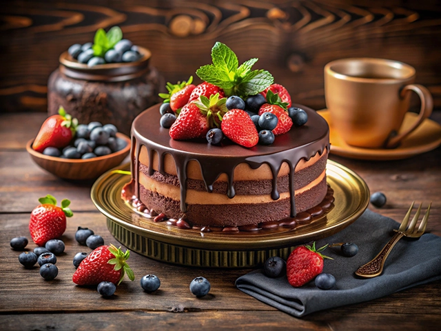 A beautifully decorated chocolate cake topped with strawberries and blueberries, surrounded by fresh fruits and a cup of coffee, set on a rustic wooden background.