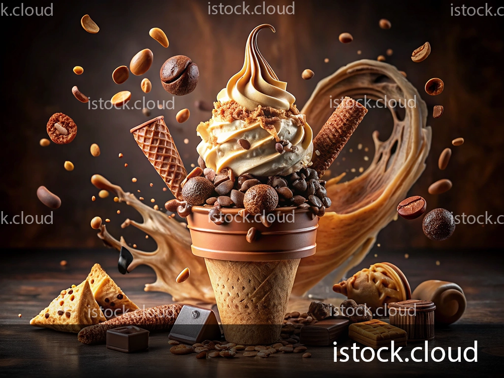 A beautifully styled ice cream cone topped with swirls of creamy coffee-flavored ice cream, surrounded by a variety of coffee beans, chocolate pieces, and crunchy wafers against a dark background.