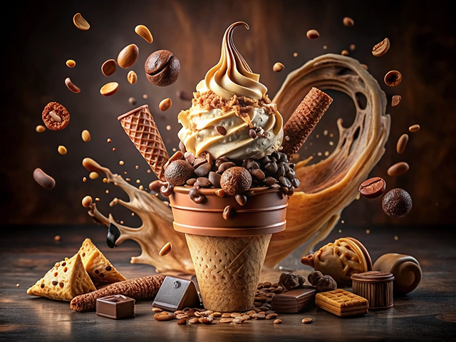 A beautifully styled ice cream cone topped with swirls of creamy coffee-flavored ice cream, surrounded by a variety of coffee beans, chocolate pieces, and crunchy wafers against a dark background.
