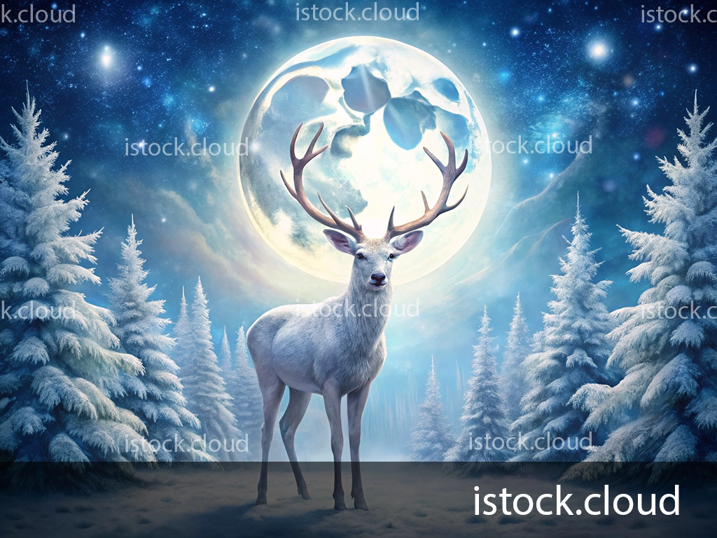 A majestic white deer stands in a snowy forest illuminated by a large, luminous moon. The scene features frosted evergreen trees under a starry night sky.