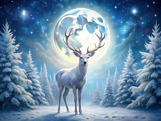 A majestic white deer stands in a snowy forest illuminated by a large, luminous moon. The scene features frosted evergreen trees under a starry night sky.