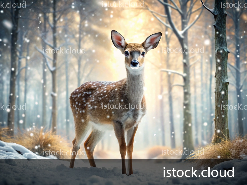 A graceful deer stands in a snowy forest, surrounded by tall trees covered in a light dusting of snow. The background glows with soft, golden light, creating a serene winter atmosphere.