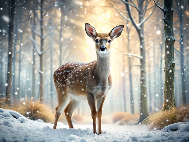 A graceful deer stands in a snowy forest, surrounded by tall trees covered in a light dusting of snow. The background glows with soft, golden light, creating a serene winter atmosphere.